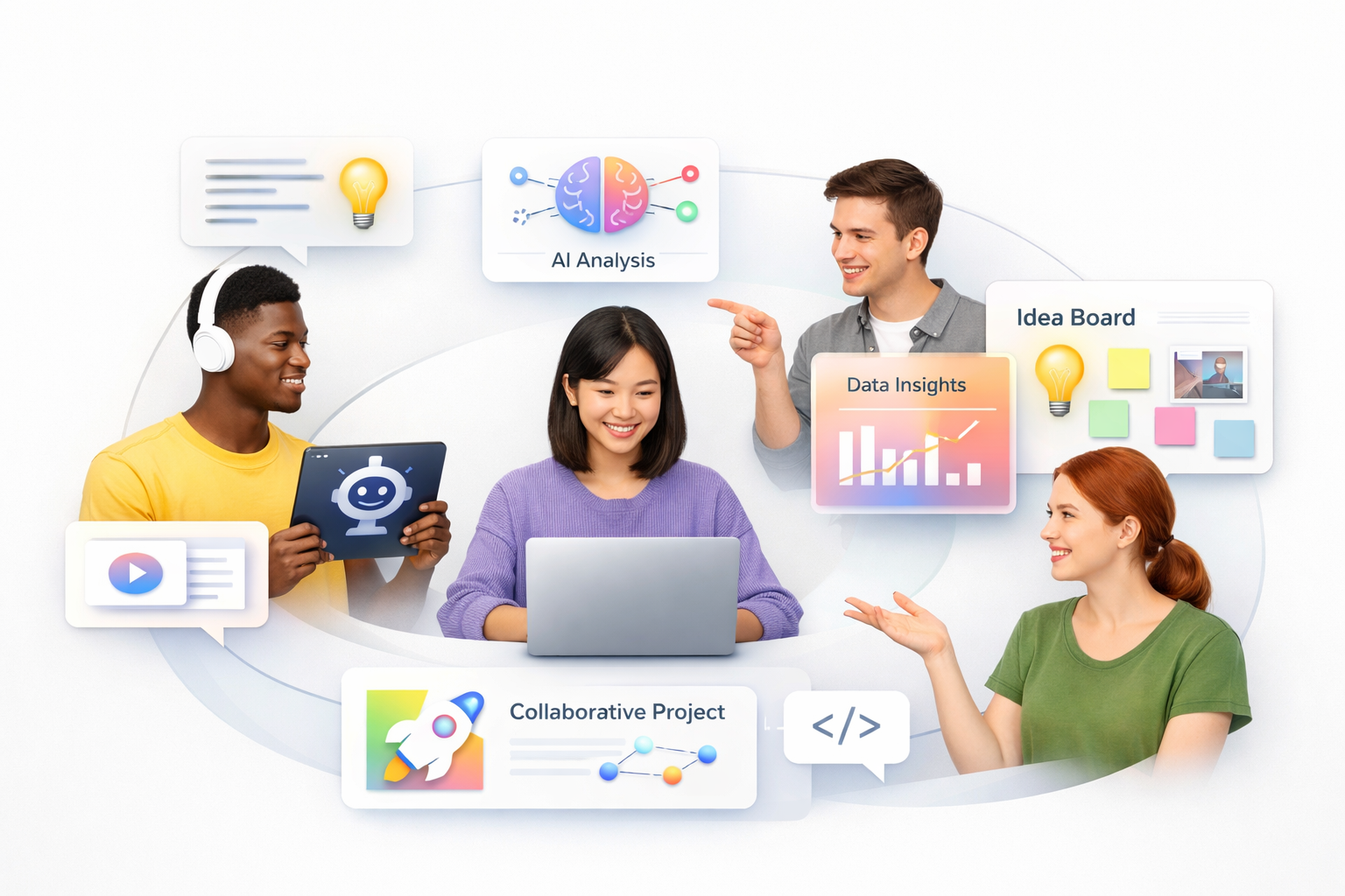 Prompt-style visual: connected learners sharing ideas through AI tools, clean white editorial background, minimal modern design. This image contains modern cards, soft gradients, and a bright community-learning layout.
