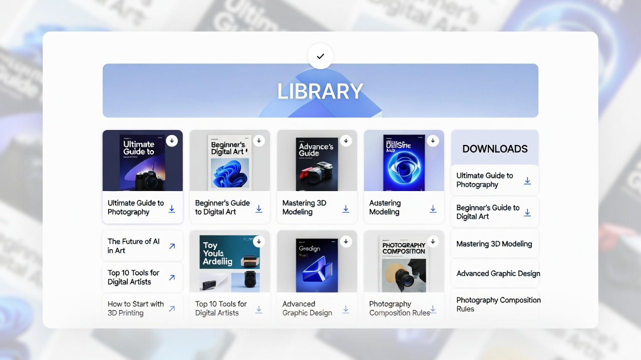 modern digital library and resource hub with books, guides, downloads, and article cards, white background, blue gradient accents. This image contains a bright editorial panel with soft geometric shapes and a clean learning-library presentation.