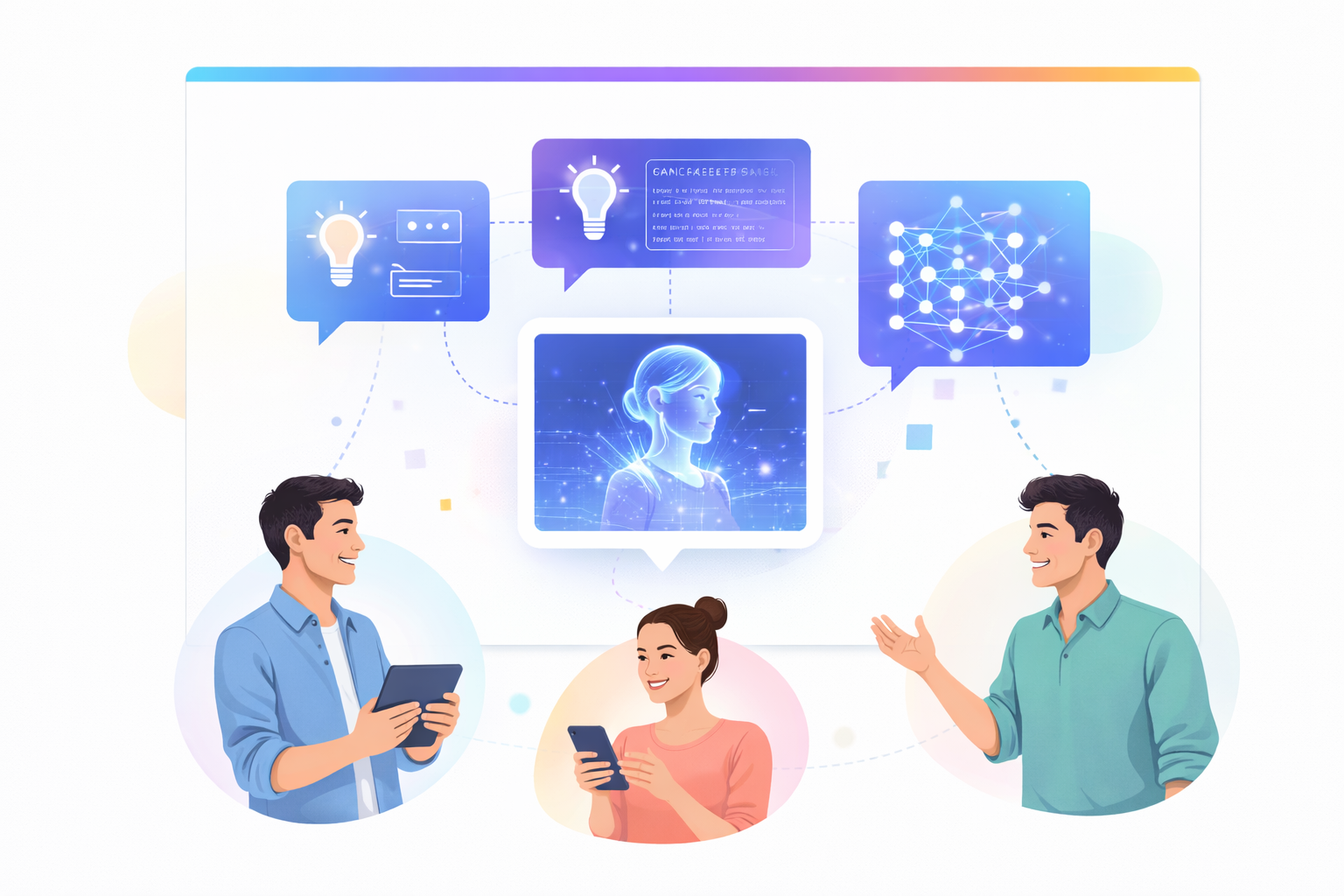connected learners sharing ideas through AI tools, clean white editorial background, minimal modern design. This image contains a bright card, soft gradient circles, and a modern community-learning composition suitable for a resources or newsletter section.